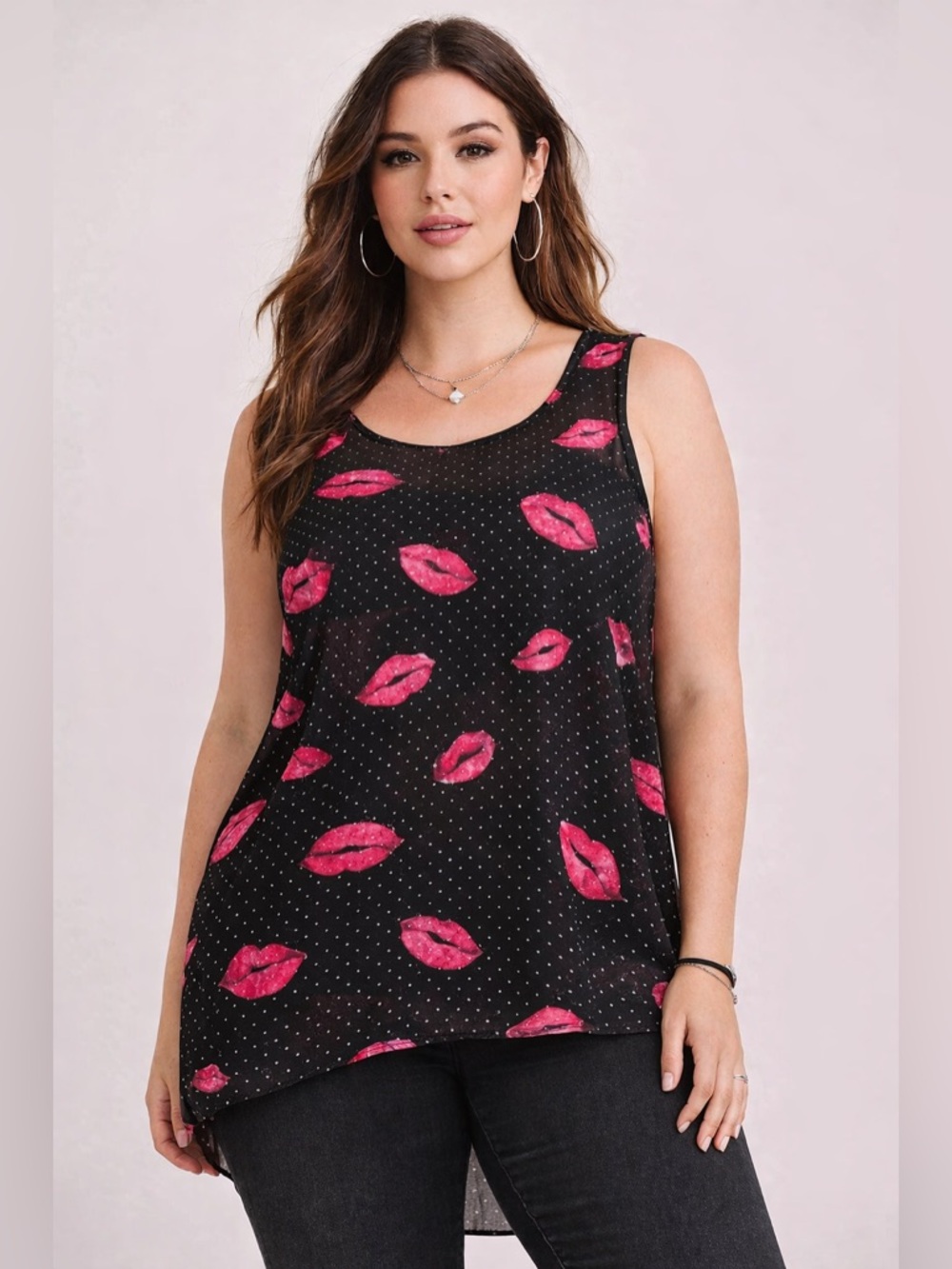 Torrid Size 1X Sheer Lip Print Sleeveless Tank Blouse Black Pink